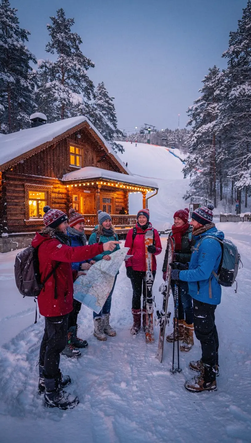 Külalised kasutavad suusavarustust laenutuskeskuses, valmistudes talviseks seikluseks.